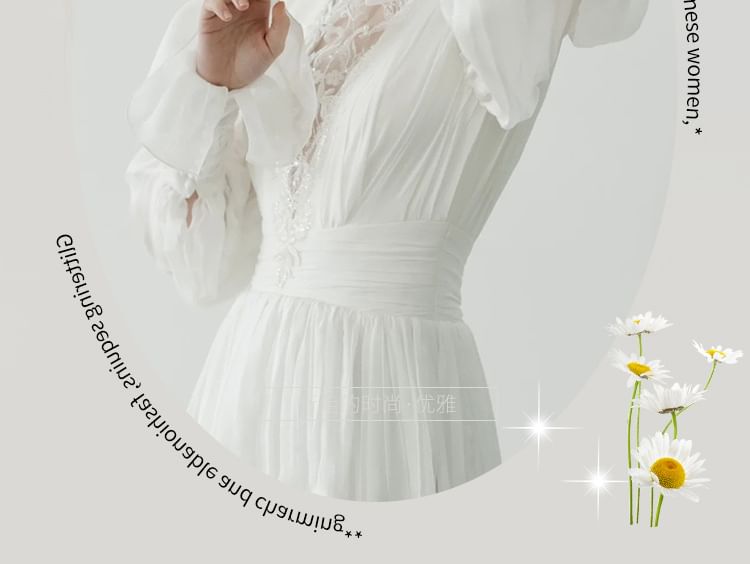 Wedding Panel Long-Sleeve A-Line Lace Neck Ruched Plain Gown Sequin Mock