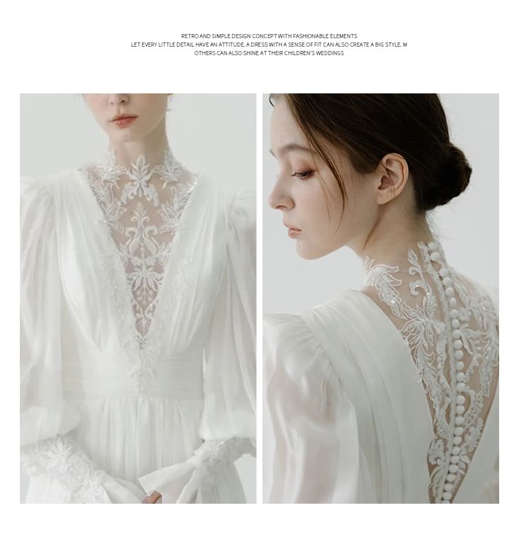 Wedding Panel Long-Sleeve A-Line Lace Neck Ruched Plain Gown Sequin Mock