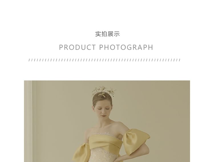 + Strapless Trained Gown Sleeves Sheath Set: Evening Lace Back Arm Bow