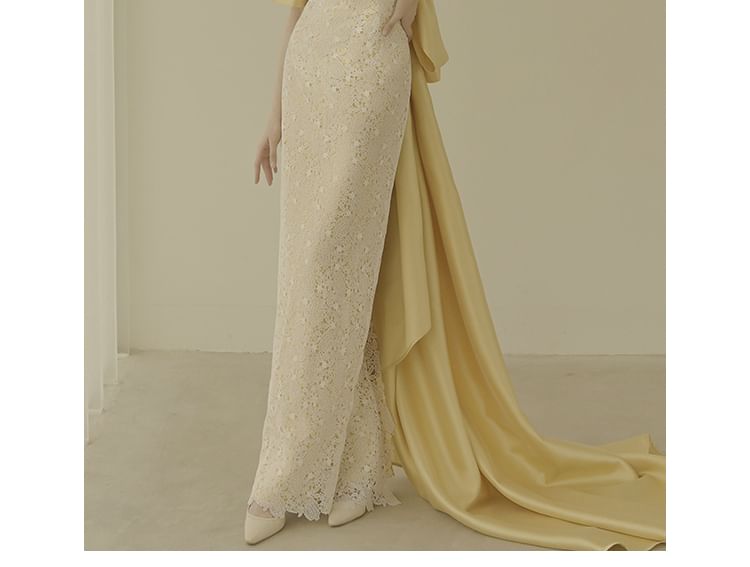 + Strapless Trained Gown Sleeves Sheath Set: Evening Lace Back Arm Bow