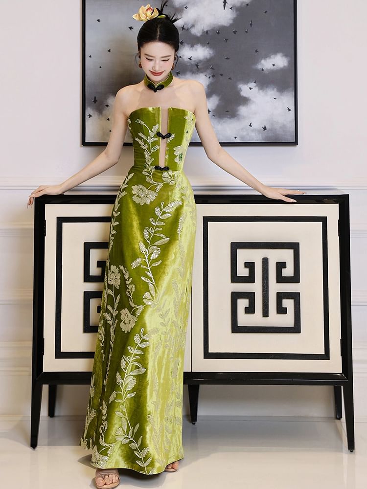 Strapless Floral Evening Embroidered Gown A-Line