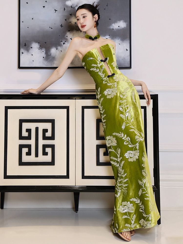 Evening Gown Floral A-Line Strapless Embroidered