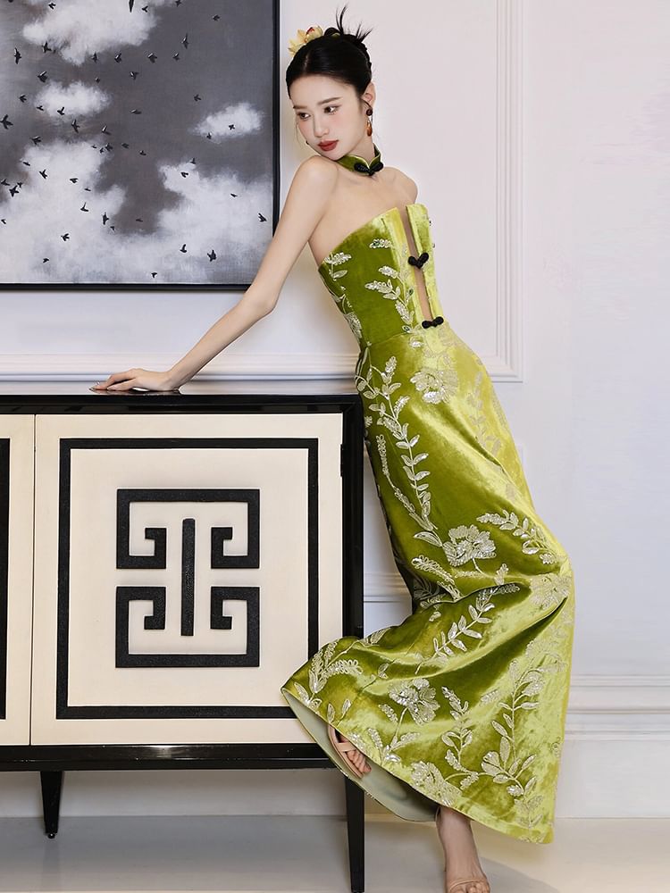 Evening Gown Floral A-Line Strapless Embroidered