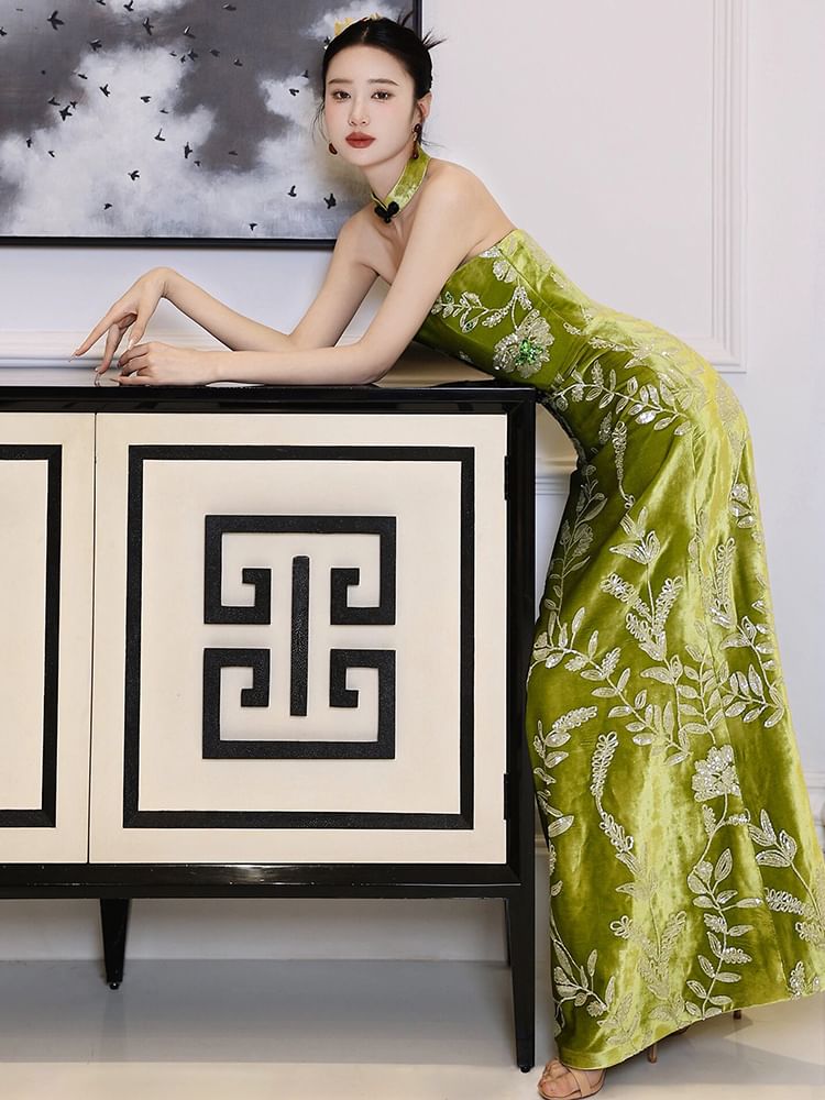 Evening Gown Floral A-Line Strapless Embroidered