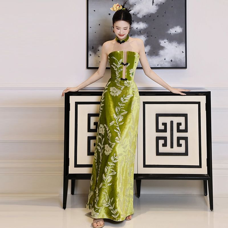 Strapless Floral Evening Embroidered Gown A-Line