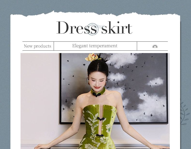 Strapless Floral Evening Embroidered Gown A-Line