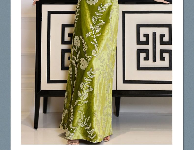 Strapless Floral Evening Embroidered Gown A-Line