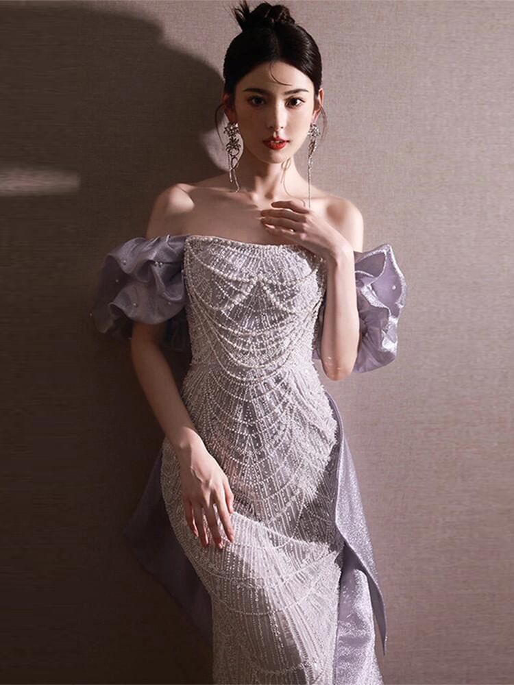 Shoulder Sleeve Mermaid Evening Sequin Off Ruffle Dress