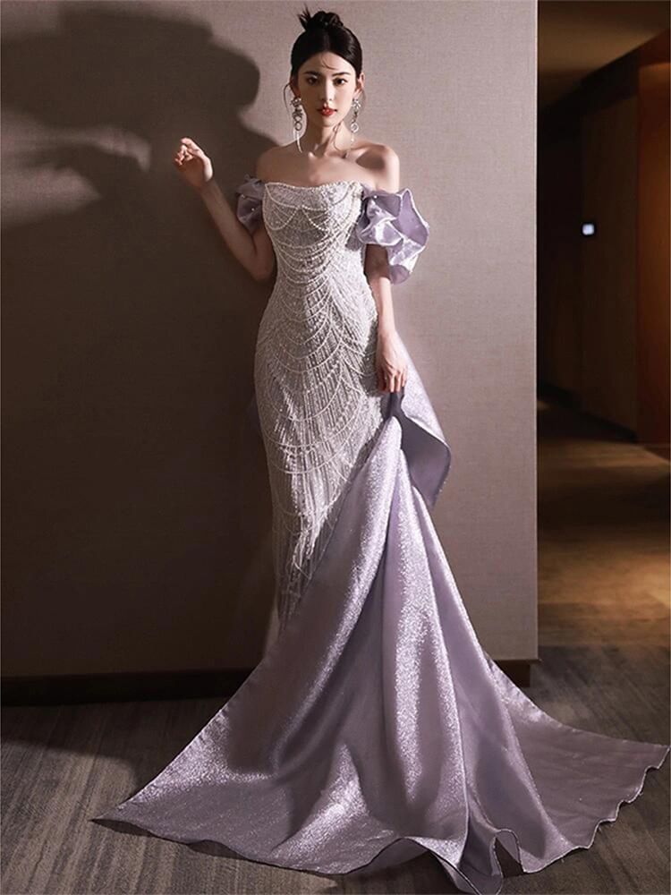 Shoulder Sleeve Mermaid Evening Sequin Off Ruffle Dress