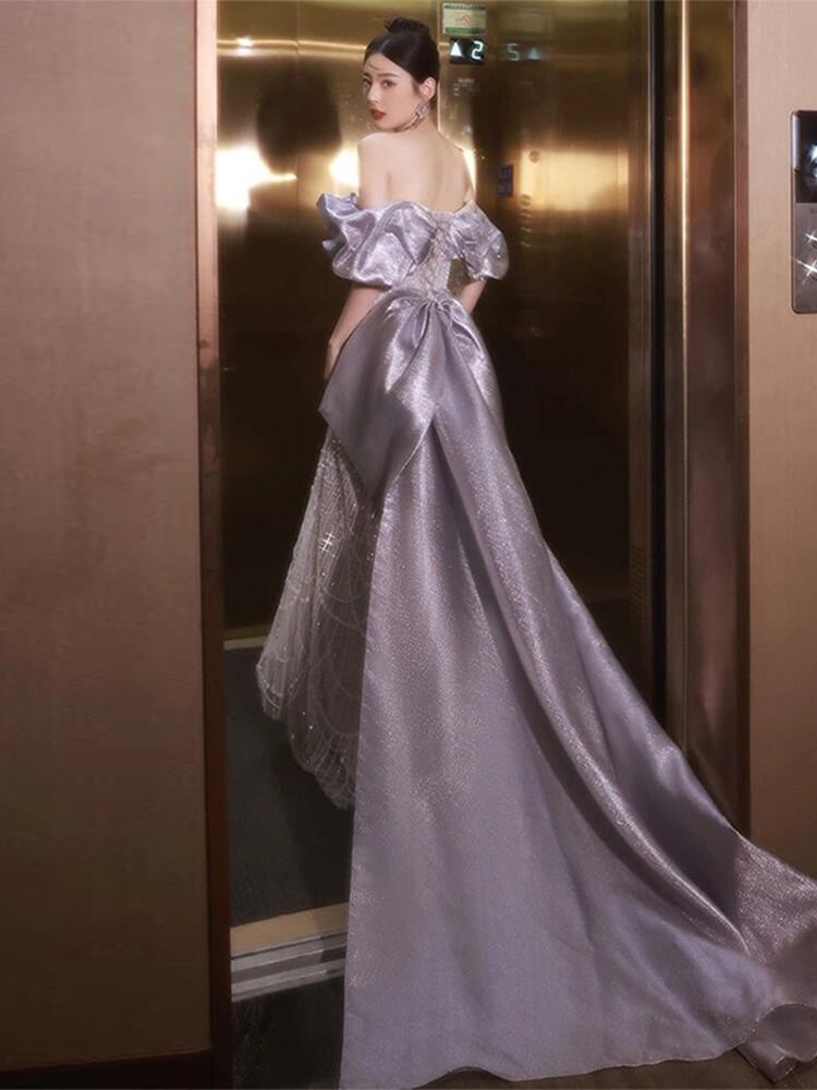 Shoulder Sleeve Mermaid Evening Sequin Off Ruffle Dress