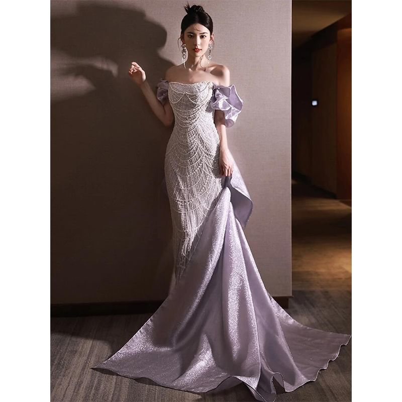 Shoulder Sleeve Mermaid Evening Sequin Off Ruffle Dress