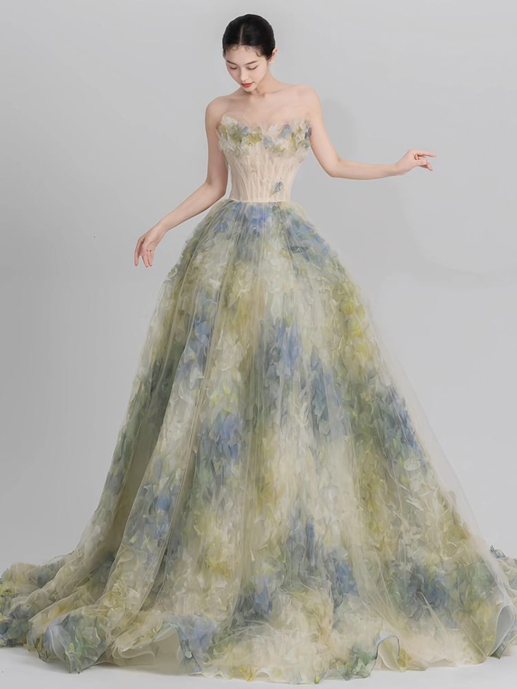 Strapless Floral A-Line Evening Gown