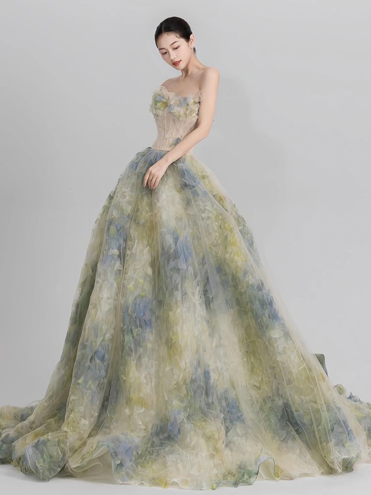 Strapless Floral A-Line Evening Gown