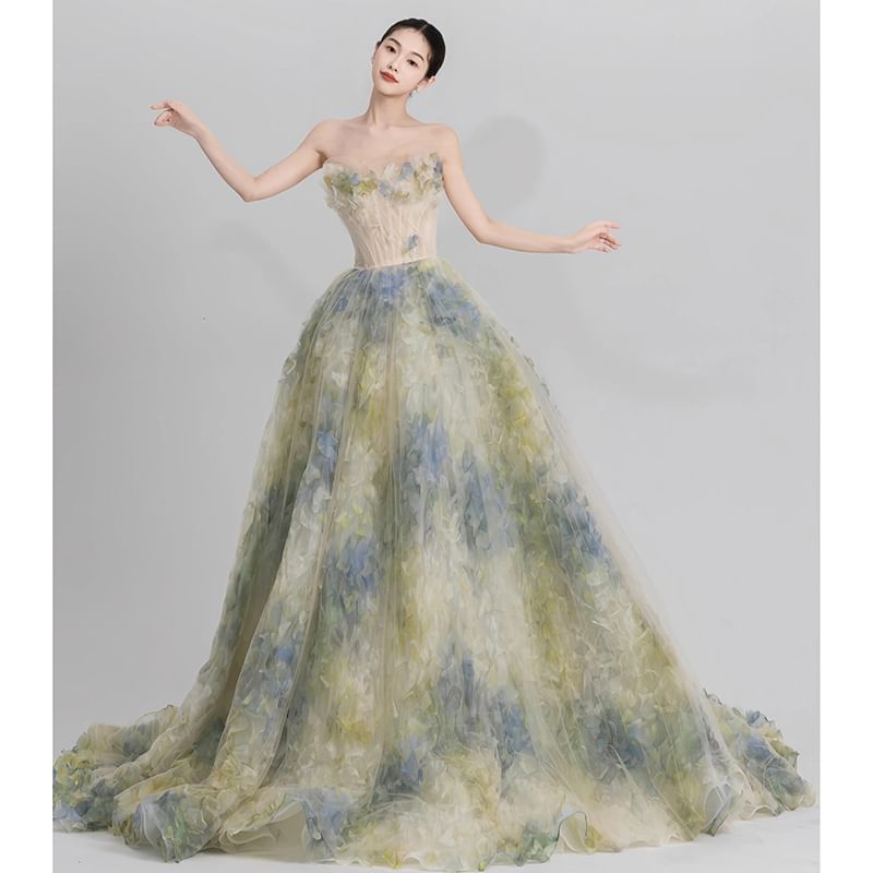 Strapless Floral A-Line Evening Gown