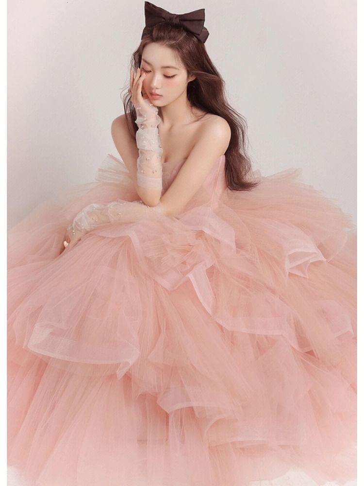 Gown Evening Ball Strapless Tiered Tulle