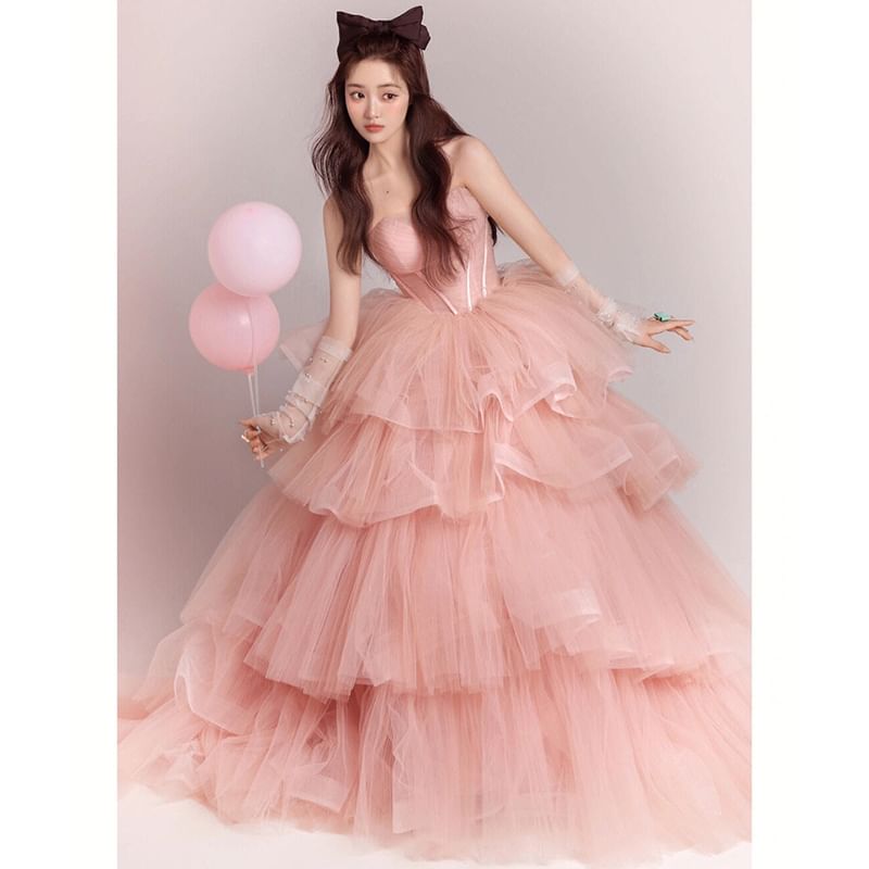 Gown Evening Ball Strapless Tiered Tulle