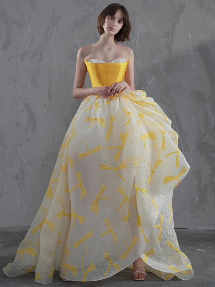 A-Line Gown Evening Print Strapless Floral