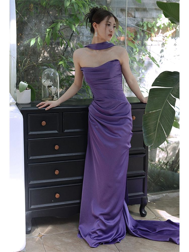 Sheath Strapless Plain Midi Dress Ruched