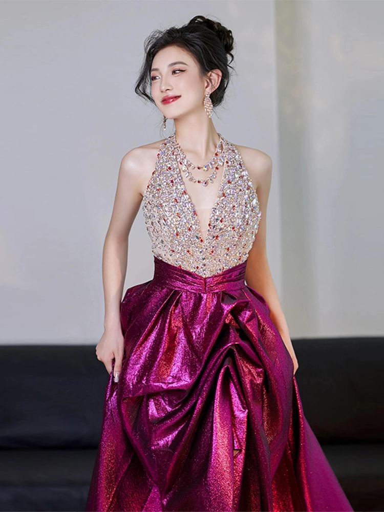 Sleeveless Evening Sequined A-Line Gown V-Neck