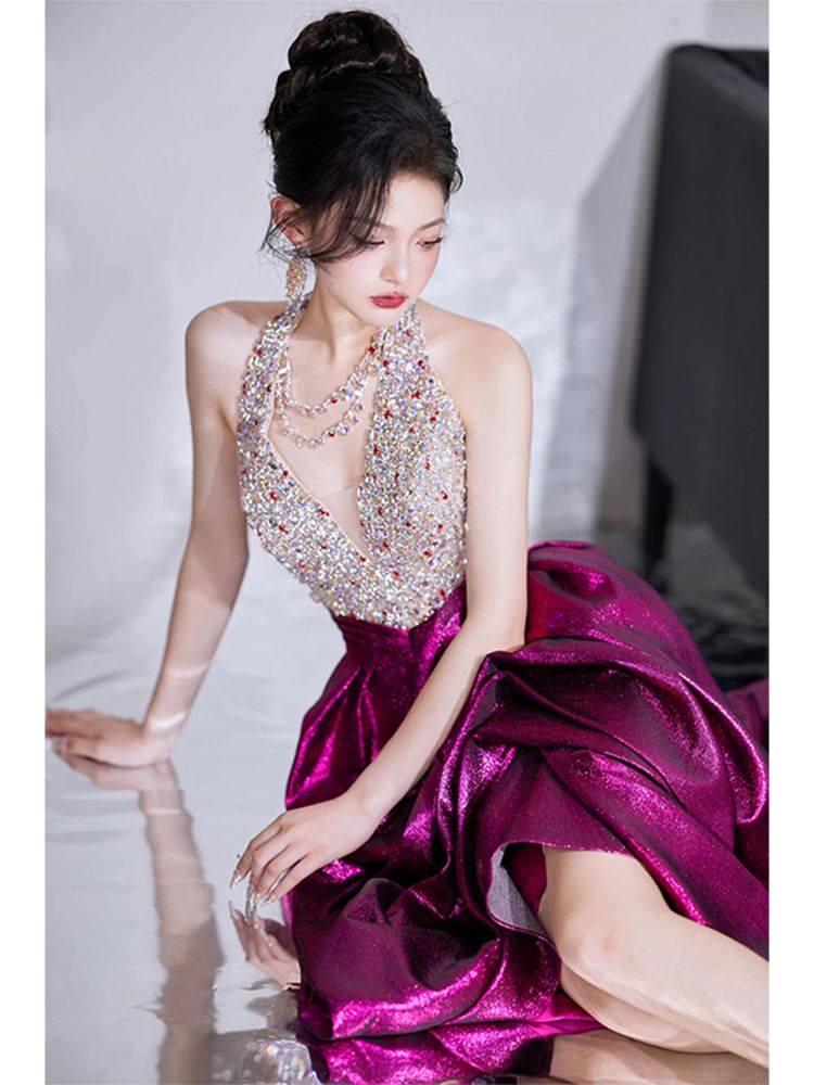 Evening Sleeveless Sequined V-Neck A-Line Gown