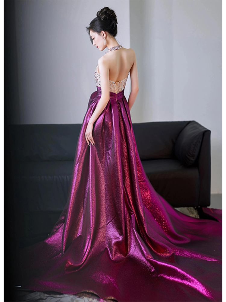 Sleeveless Evening Sequined A-Line Gown V-Neck