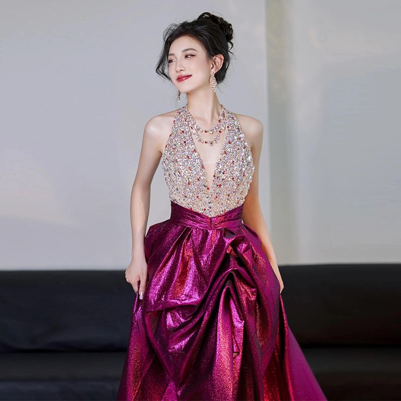 Evening Sleeveless Sequined V-Neck A-Line Gown