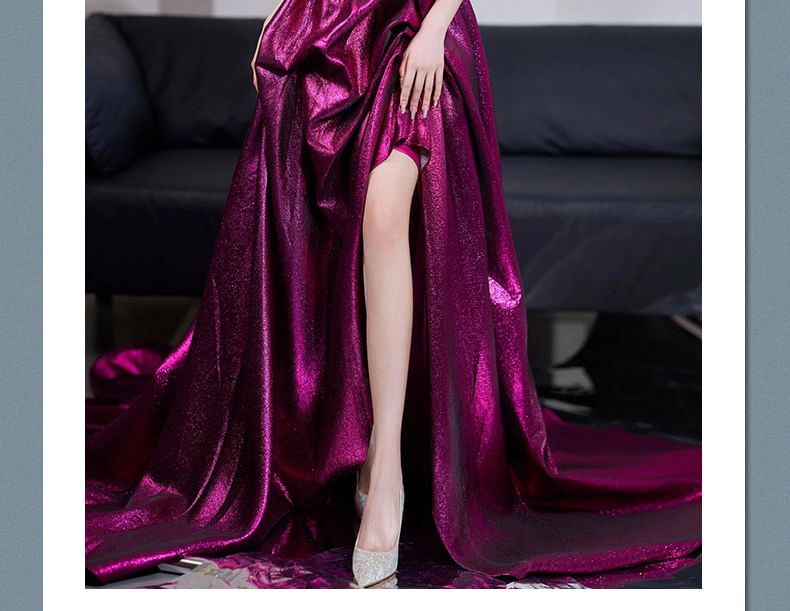 Sleeveless Evening Sequined A-Line Gown V-Neck