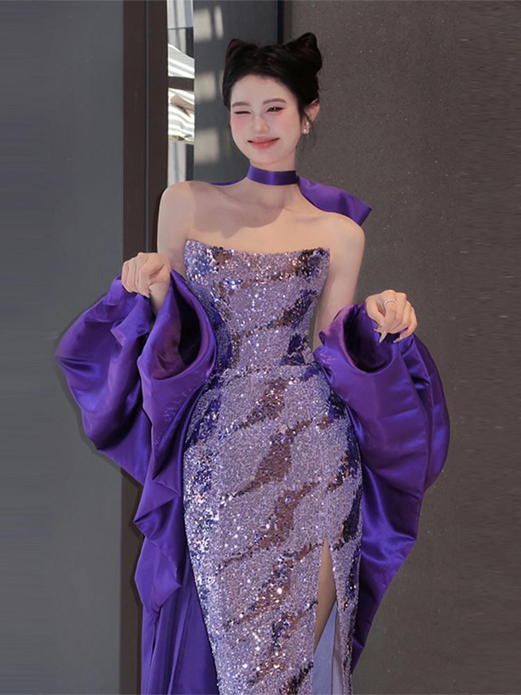 Strapless Sequin Slit Sheath Evening Gown