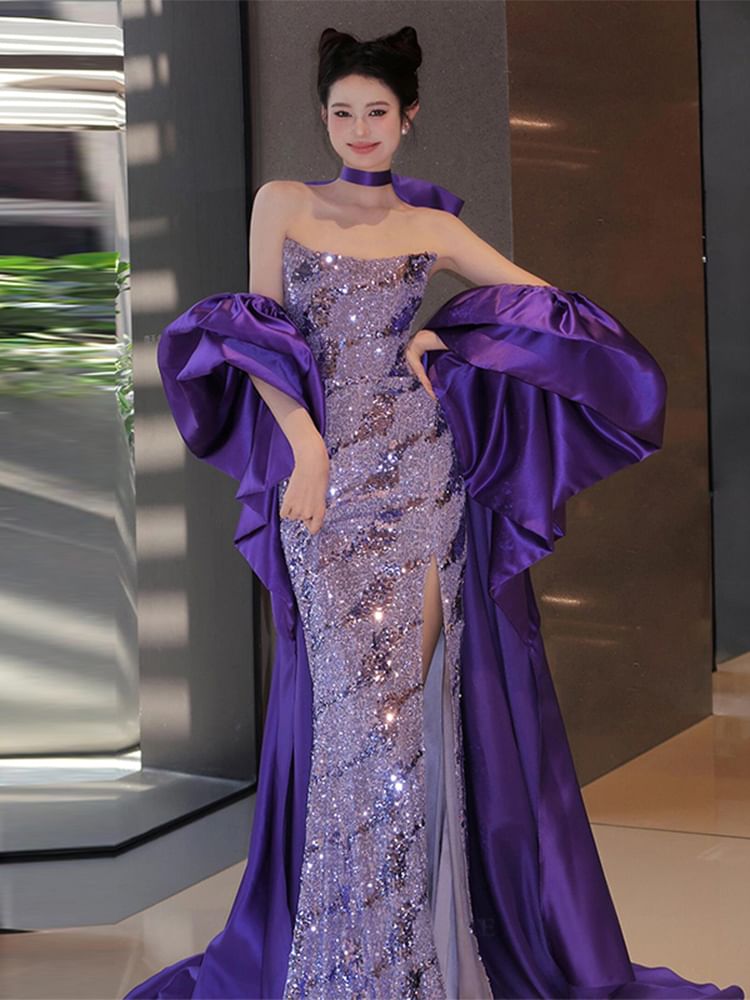 Strapless Sequin Slit Sheath Evening Gown