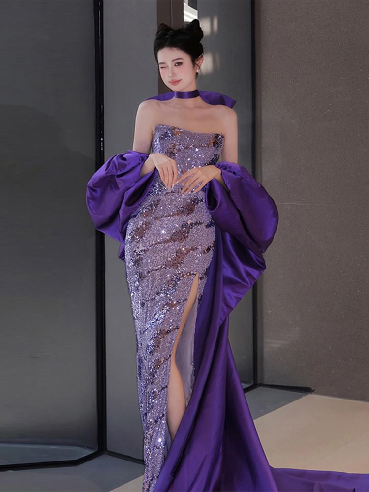 Strapless Sequin Slit Sheath Evening Gown