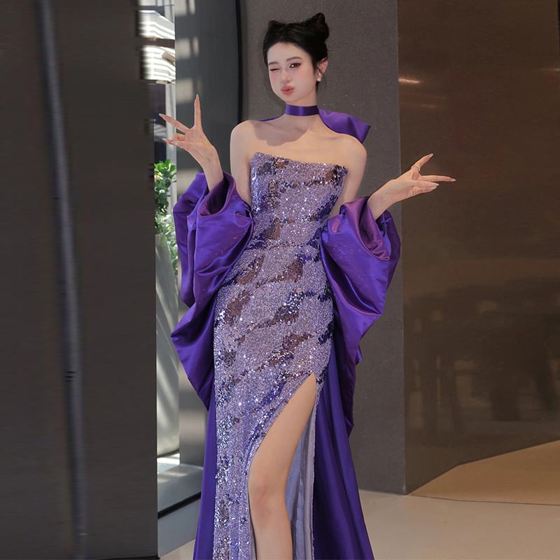 Strapless Sequin Slit Sheath Evening Gown