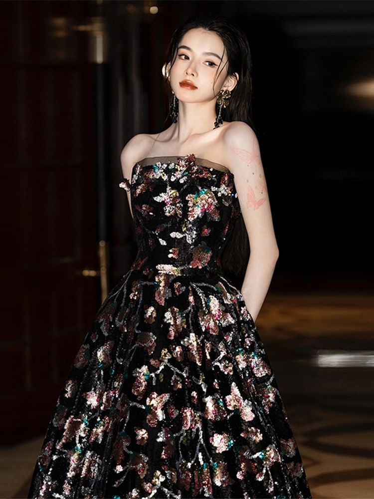 Evening Gown Floral A-Line Strapless