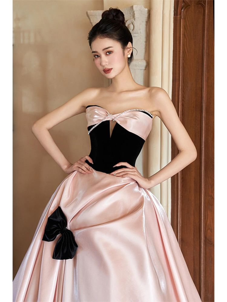 Two Bow Evening A-Line Strapless Tone Dress