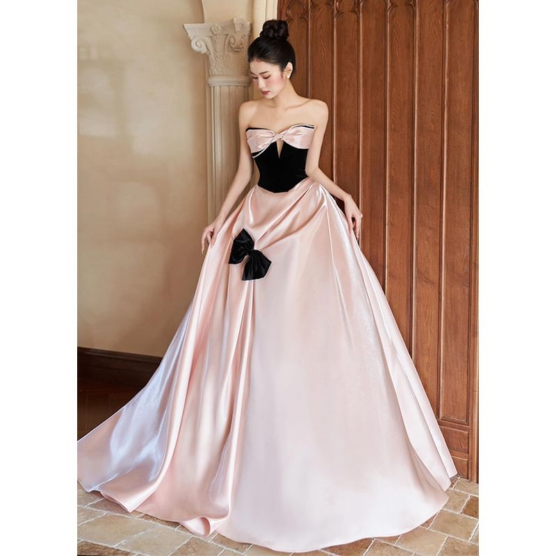 A-Line Two Evening Bow Tone Dress Strapless