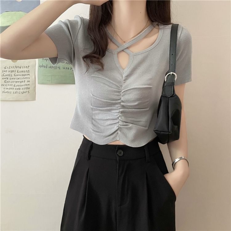 Notch Cross Plain Top Criss Short-Sleeve Neck Knit Ruched