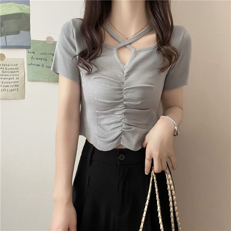 Notch Cross Plain Top Criss Short-Sleeve Neck Knit Ruched