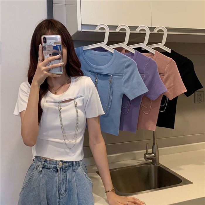 Crew Chain Short-Sleeve T-Shirt Zip Neck Plain