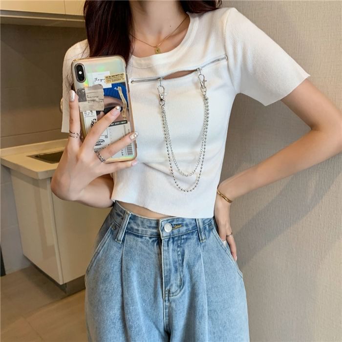 Crew Chain Short-Sleeve T-Shirt Zip Neck Plain