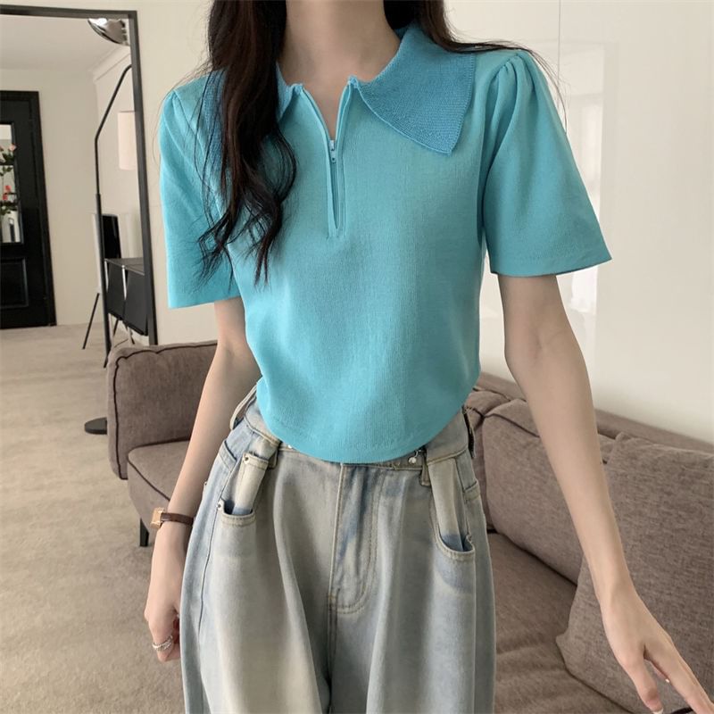 Collared Short-Sleeve Top Knit Zip Half