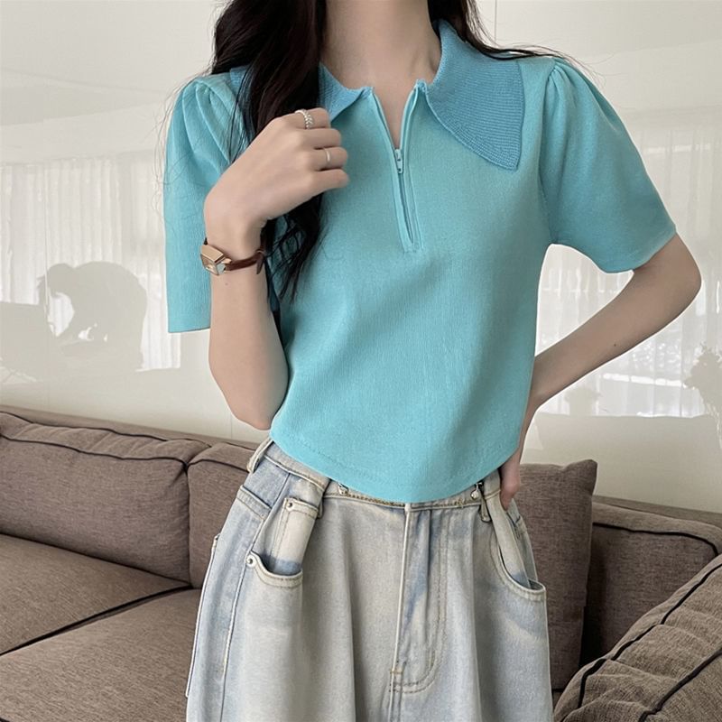 Collared Short-Sleeve Top Knit Zip Half