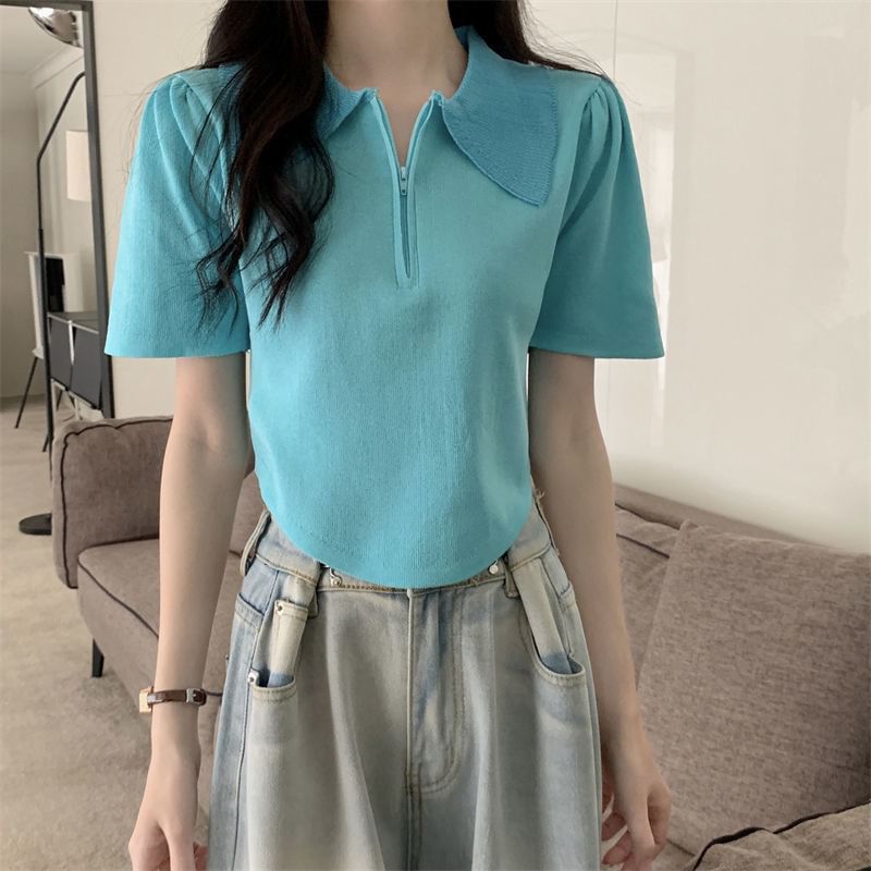 Collared Short-Sleeve Top Knit Zip Half