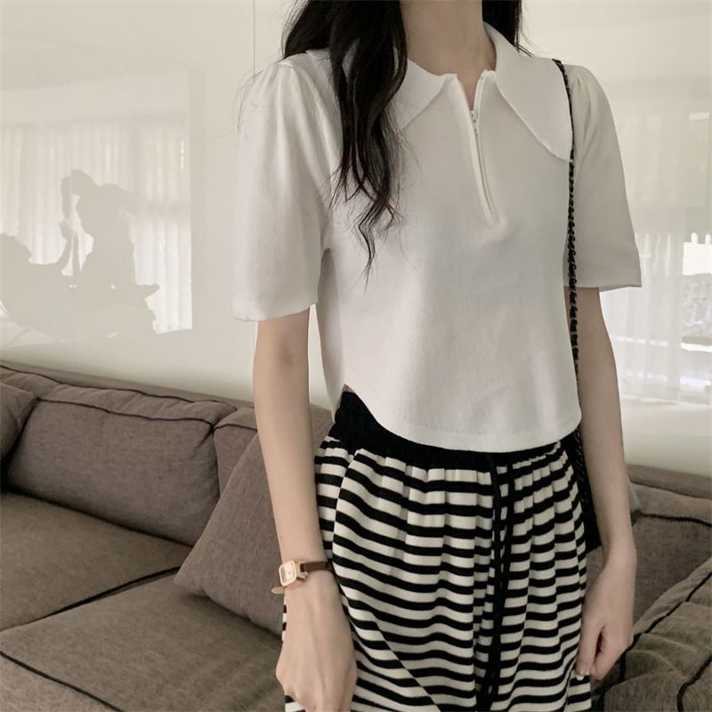Collared Short-Sleeve Top Knit Zip Half