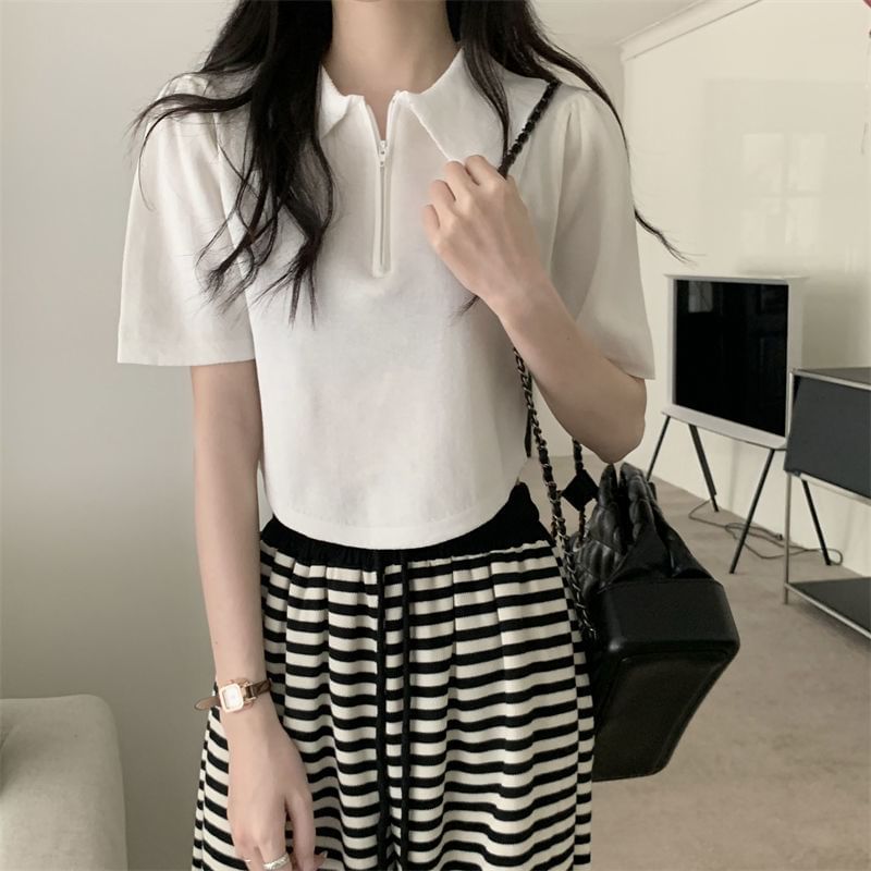 Collared Short-Sleeve Top Knit Zip Half