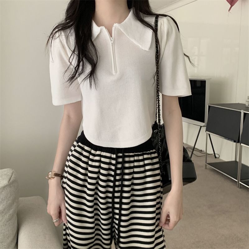 Collared Short-Sleeve Top Knit Zip Half