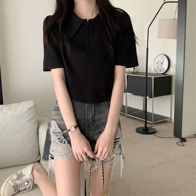 Collared Short-Sleeve Top Knit Zip Half