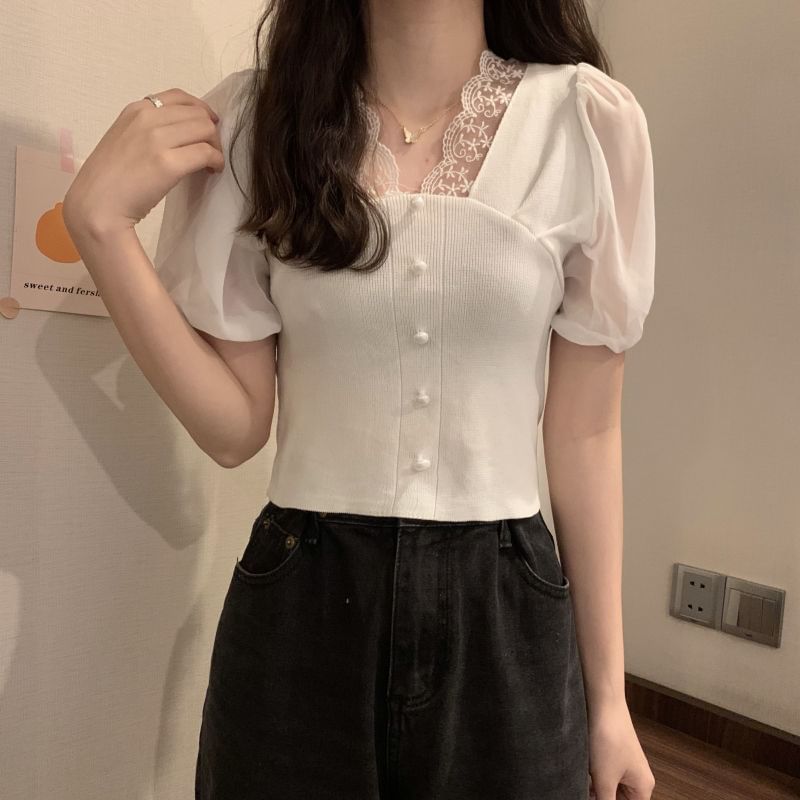 Embroidered Short-Sleeve Button V-Neck Panel Top