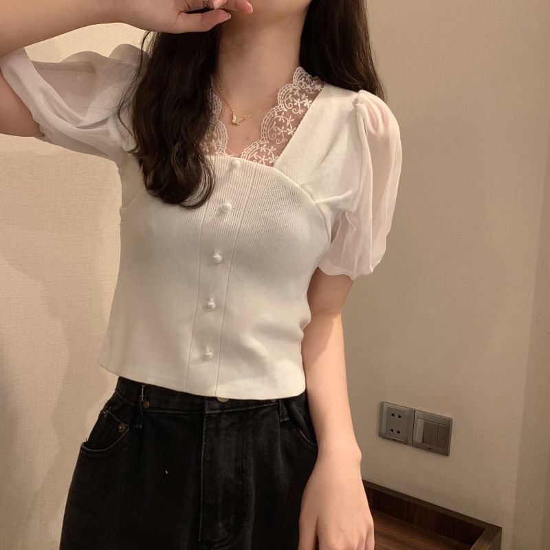 Embroidered Short-Sleeve Button V-Neck Panel Top