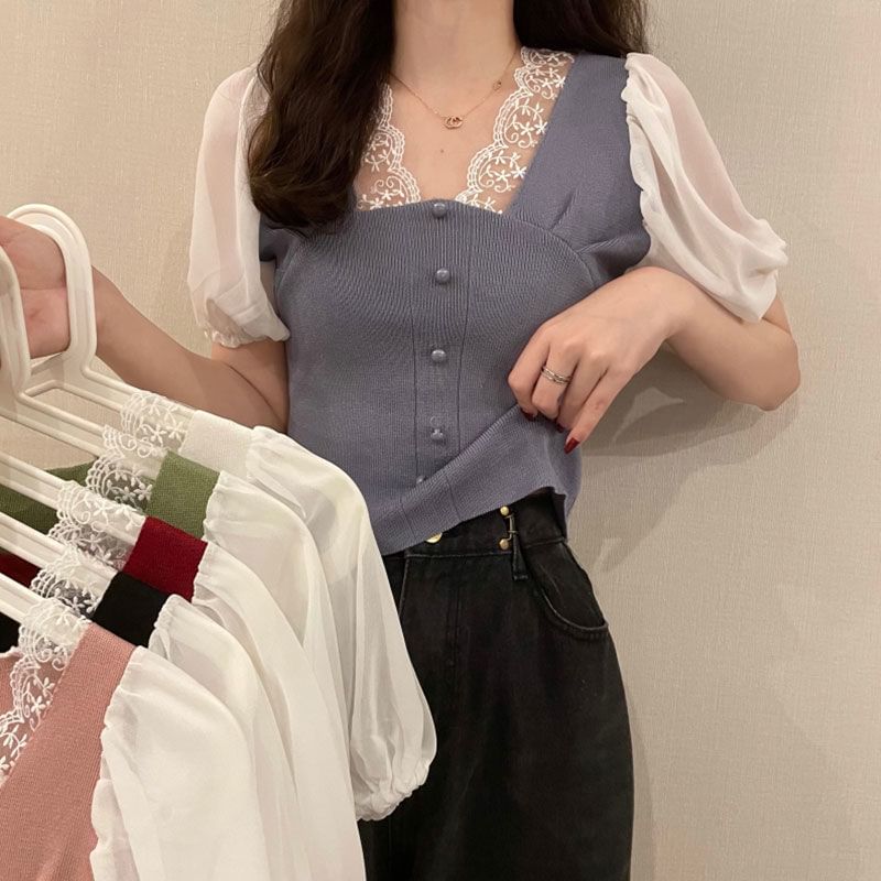 Embroidered Short-Sleeve Button V-Neck Panel Top
