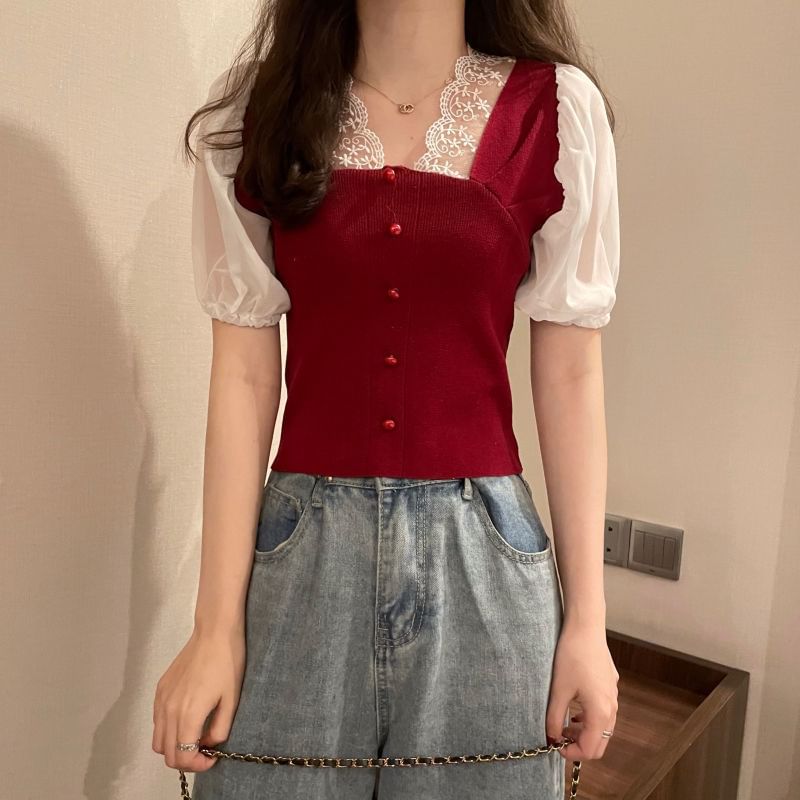 Embroidered Short-Sleeve Button V-Neck Panel Top