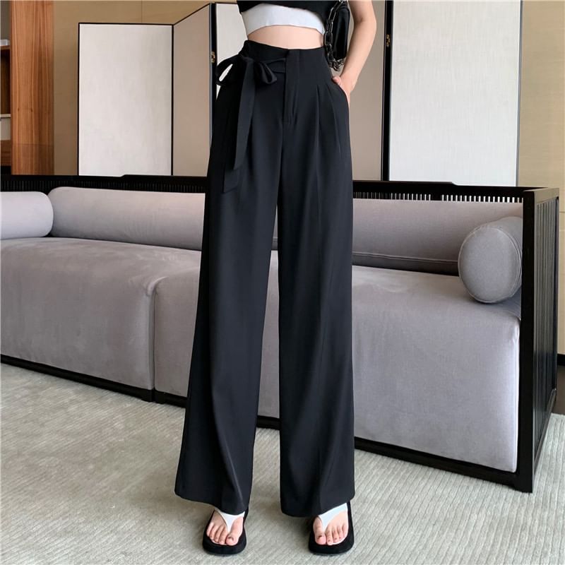 High Leg Tie-Up Dress Waist Plain Wide Pants